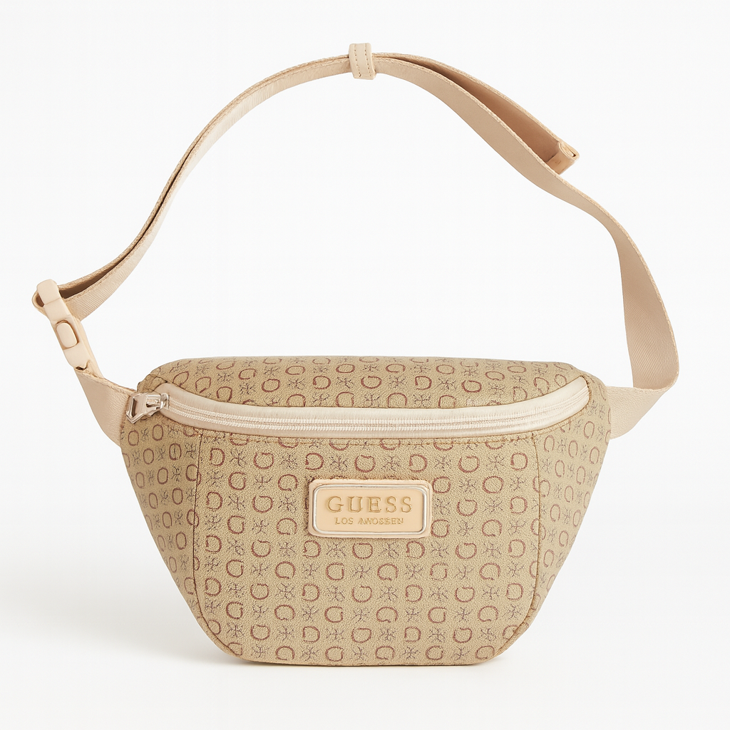 Cangurera Guess camel con monogram chocolate y placa dorada