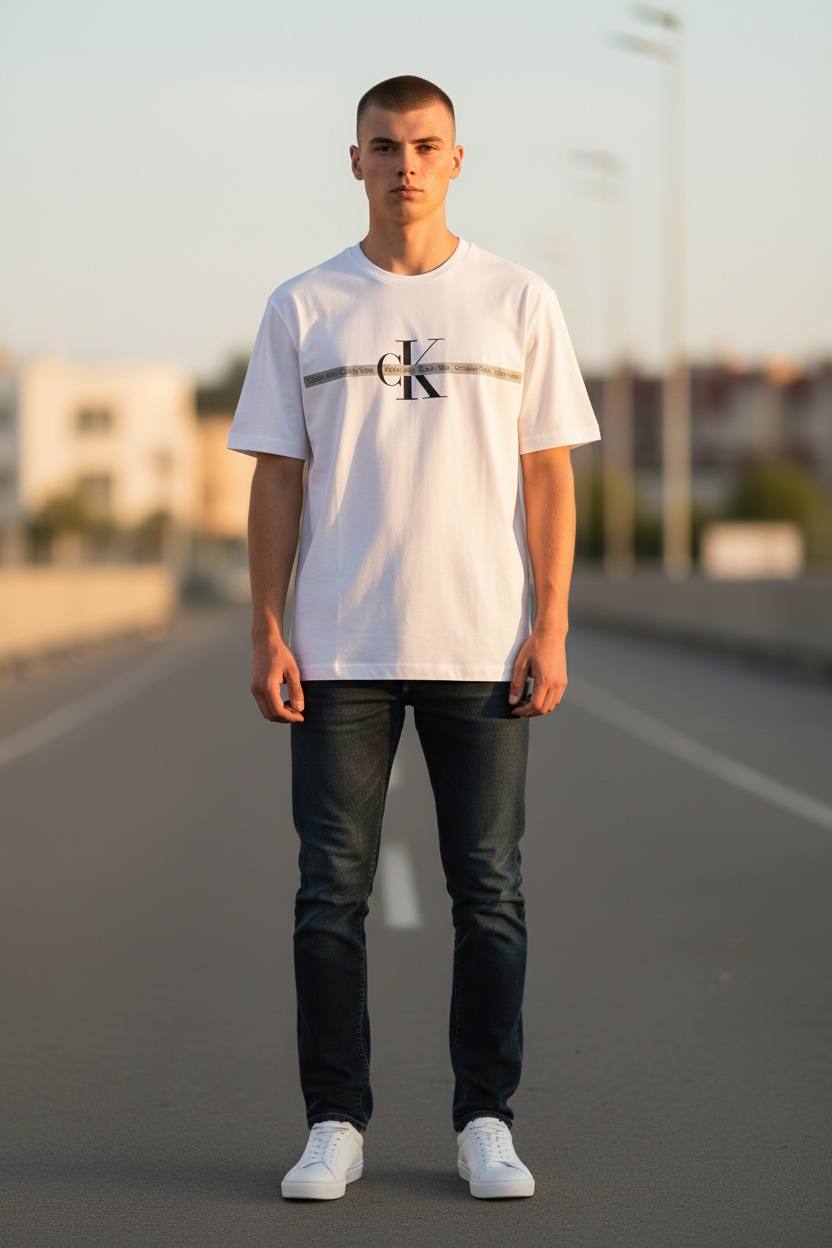 Playera Calvin k blanca con letras blancas para caballero
