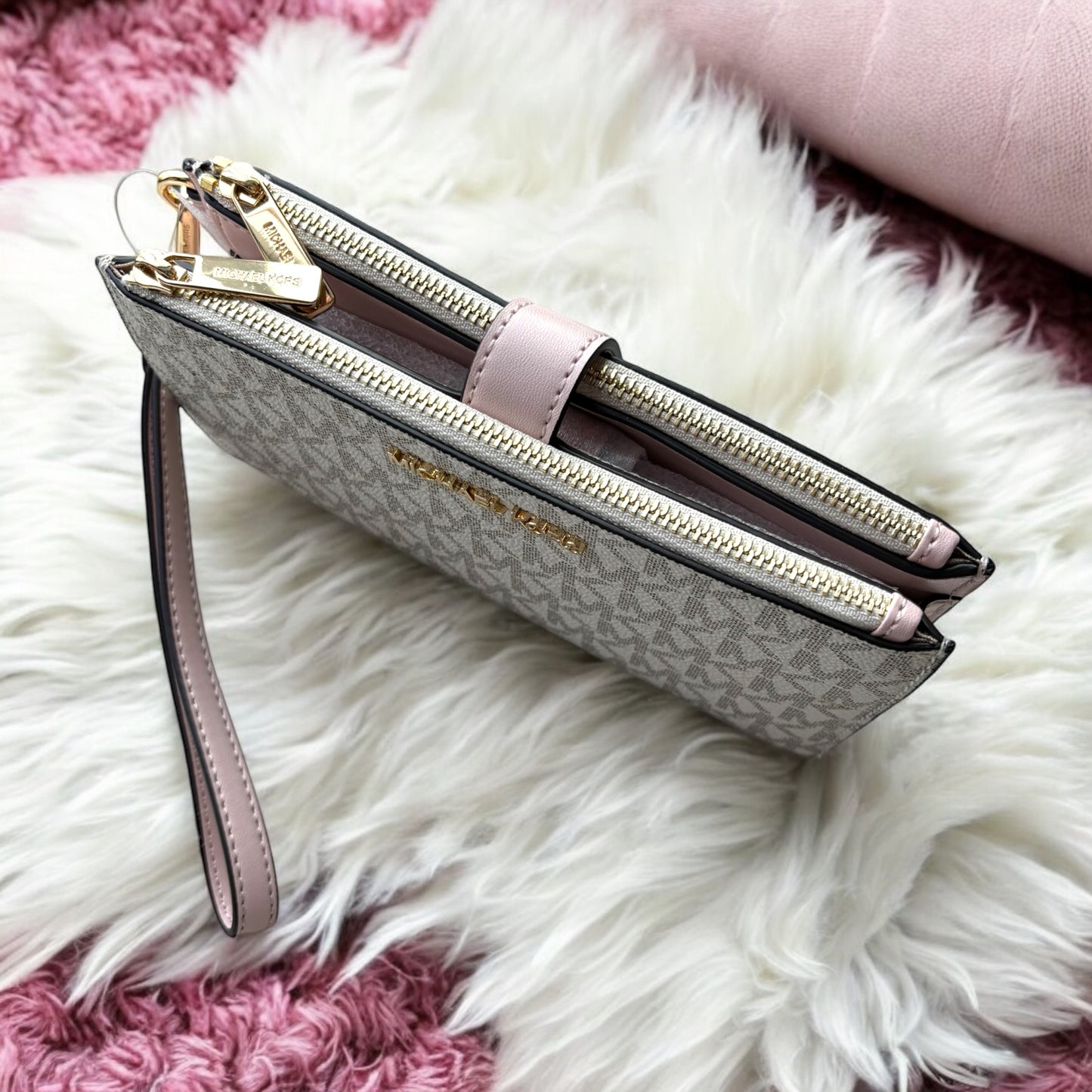 Cartera Michael k vanilla/rosa doble cierre
