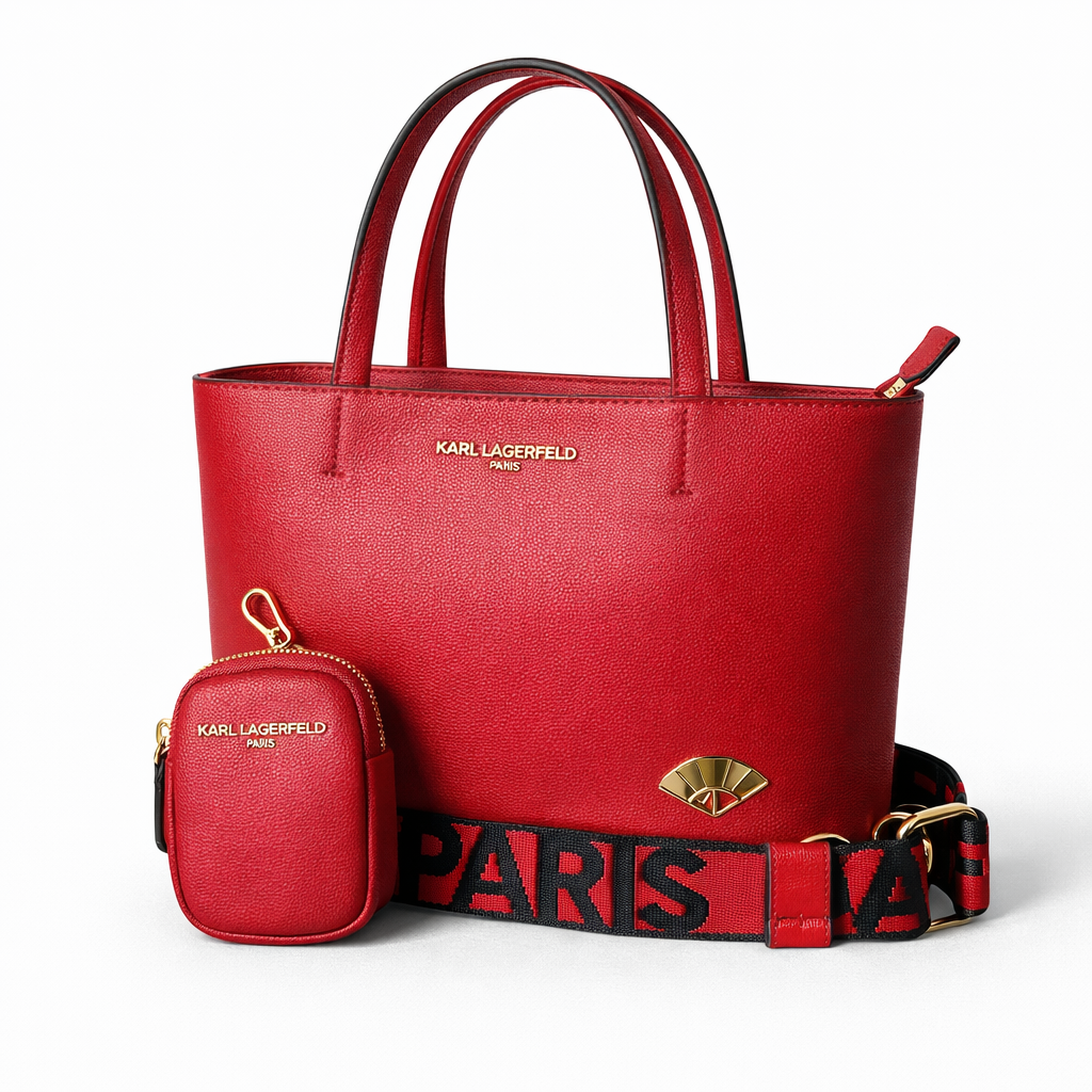 Tote Karl L roja chica con herrajes dorados y strap