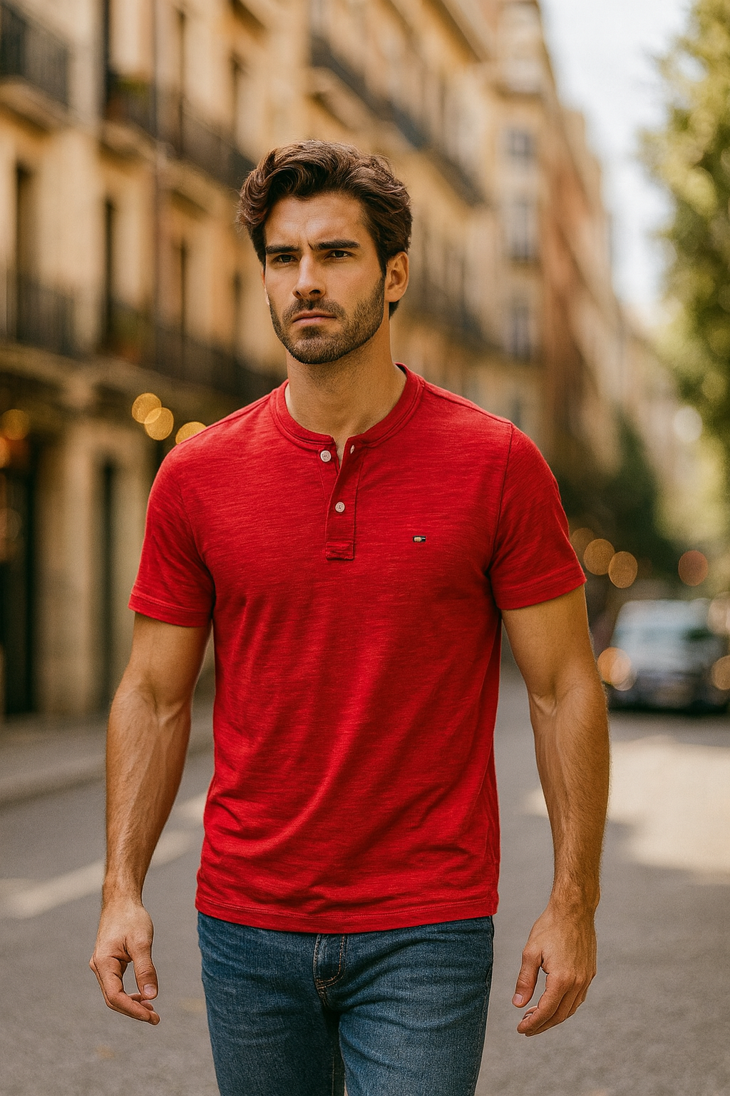 Playera Tommy H rojo jaspeado, banderita pequeña para caballero