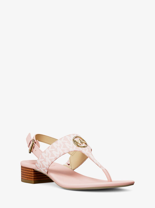 Sandalias Michael k rosa con monogram blanco, placa y hebilla