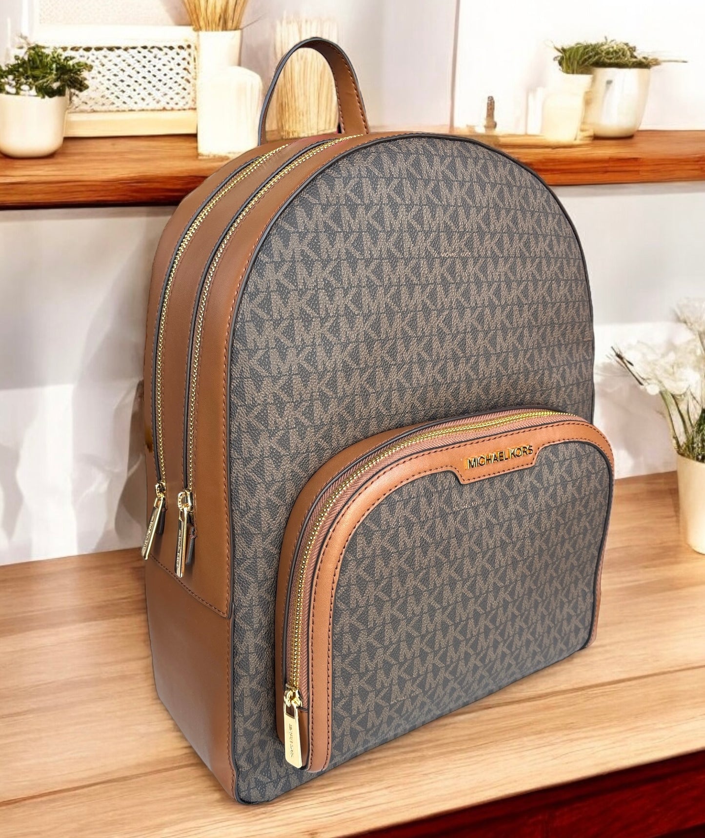 Backpack Michael K chocolate con camel doble cierre