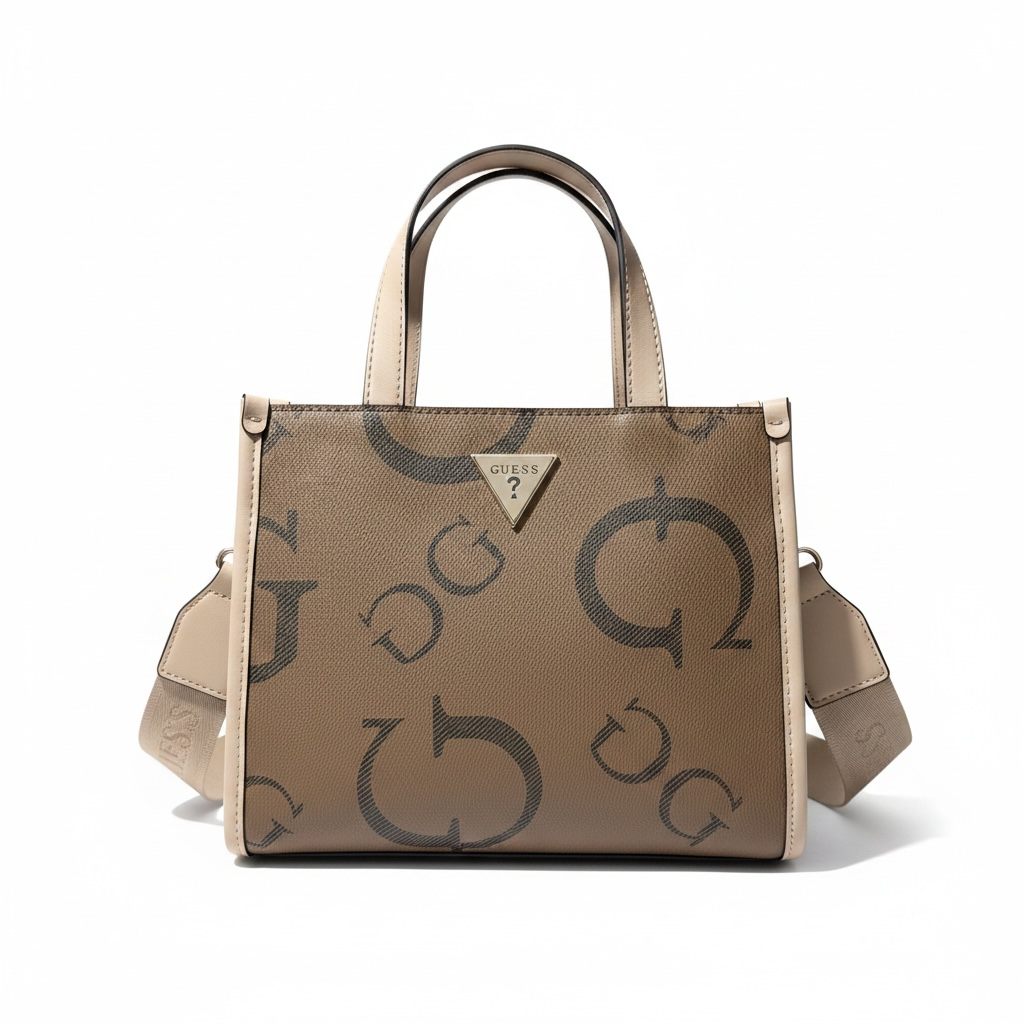Tote Guess beige con camel strap de tela
