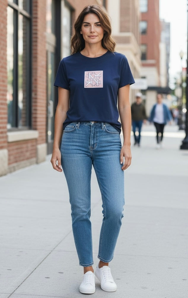 Playera Calvin k azul letras CK blancas de terciopelo