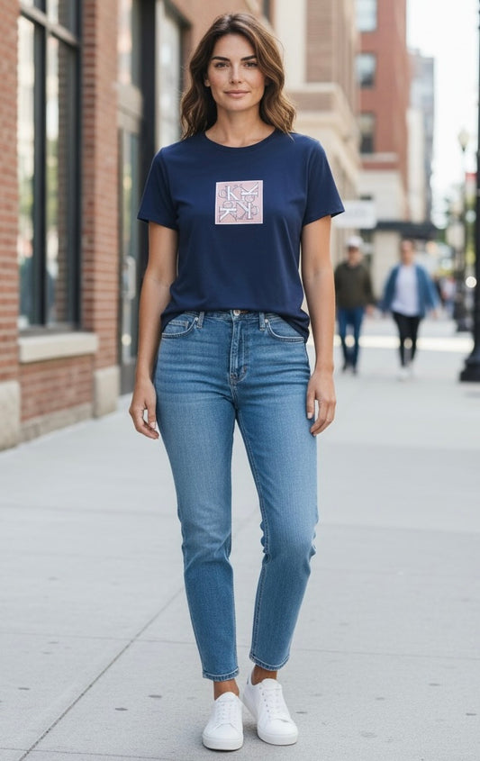Playera Calvin k azul letras CK blancas de terciopelo