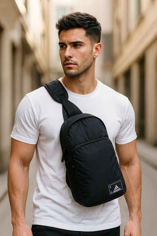 Pechera  Adidas negra, doble cierre con compartimento para celular, para caballero