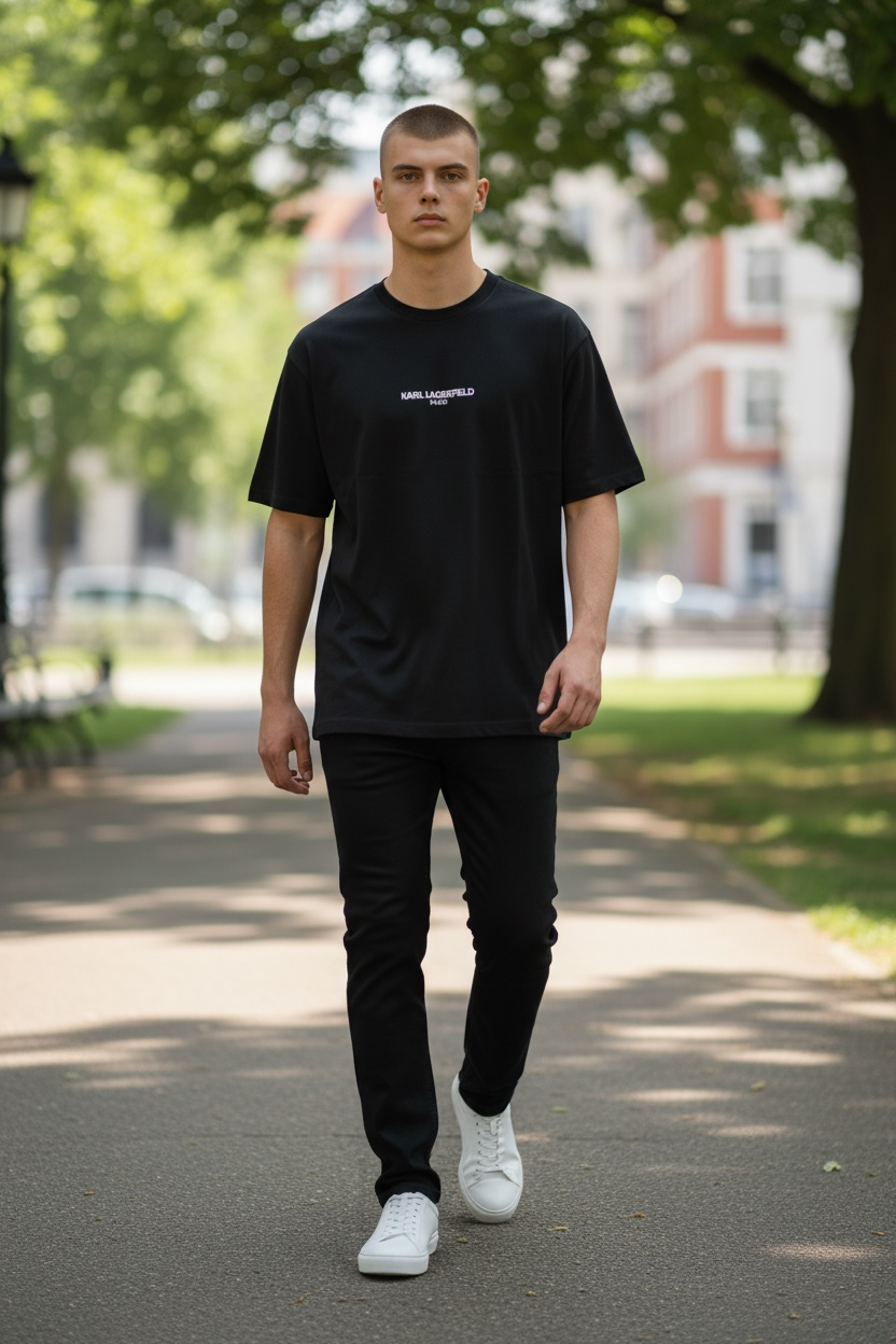 Playera Karl L negra con letras blancas para caballero