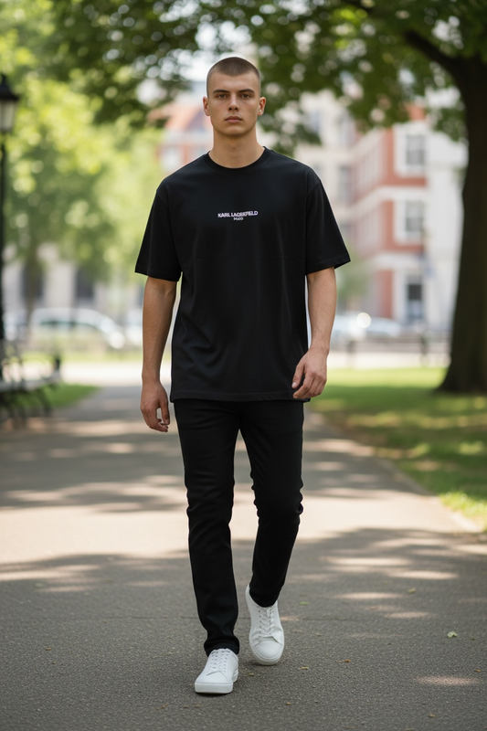 Playera Karl L negra con letras blancas para caballero