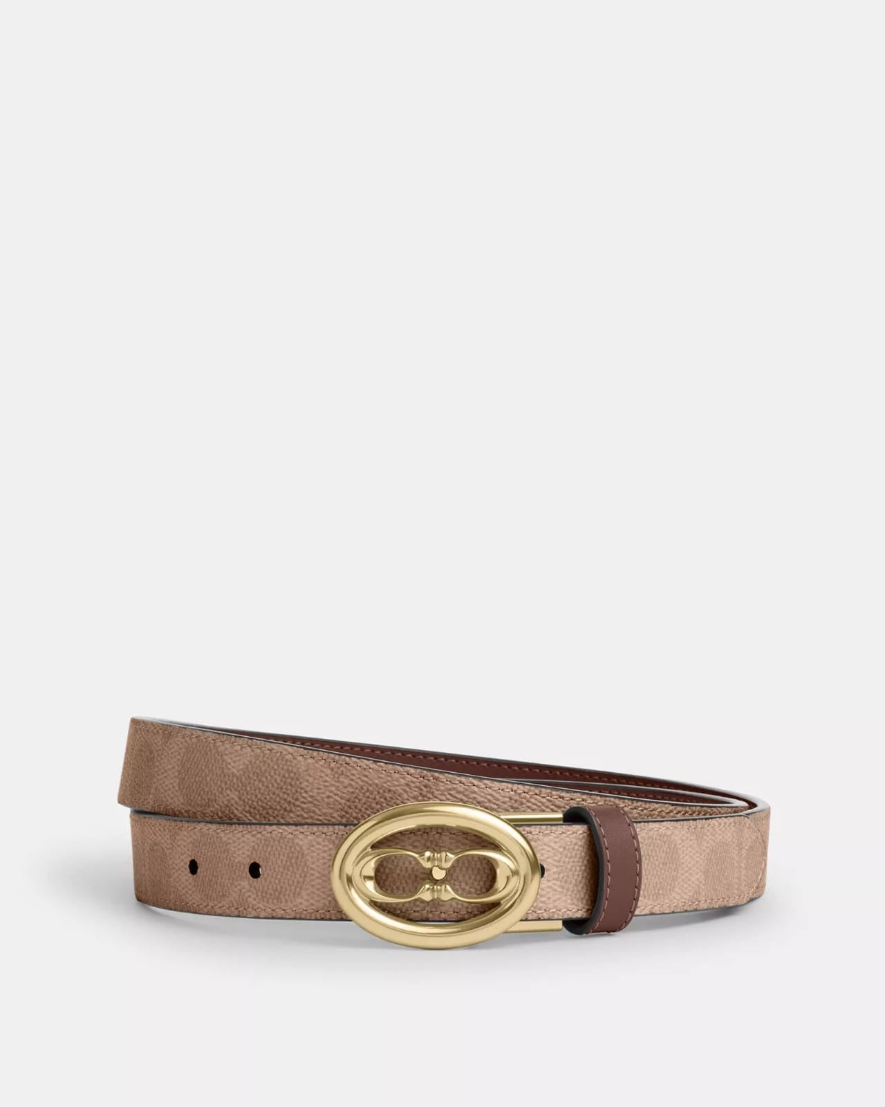 Cinturón Coach camel canvas/café reversible placa dorada
