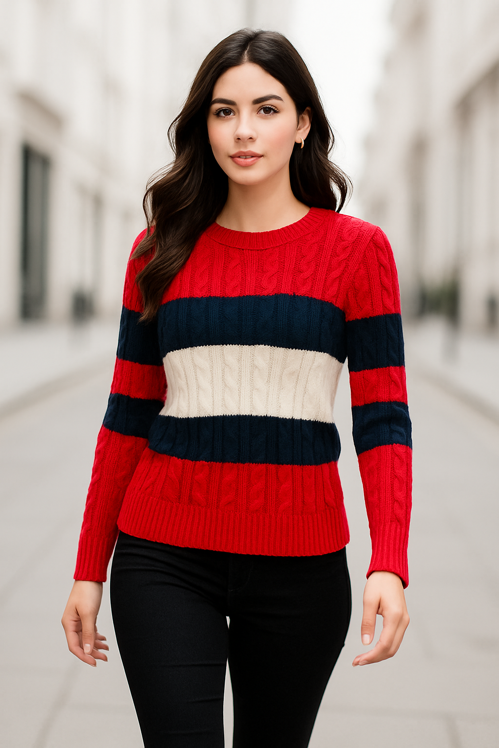 Suéter Tommy H rojo, líneas blanco y azul marino bordado cuello redondo