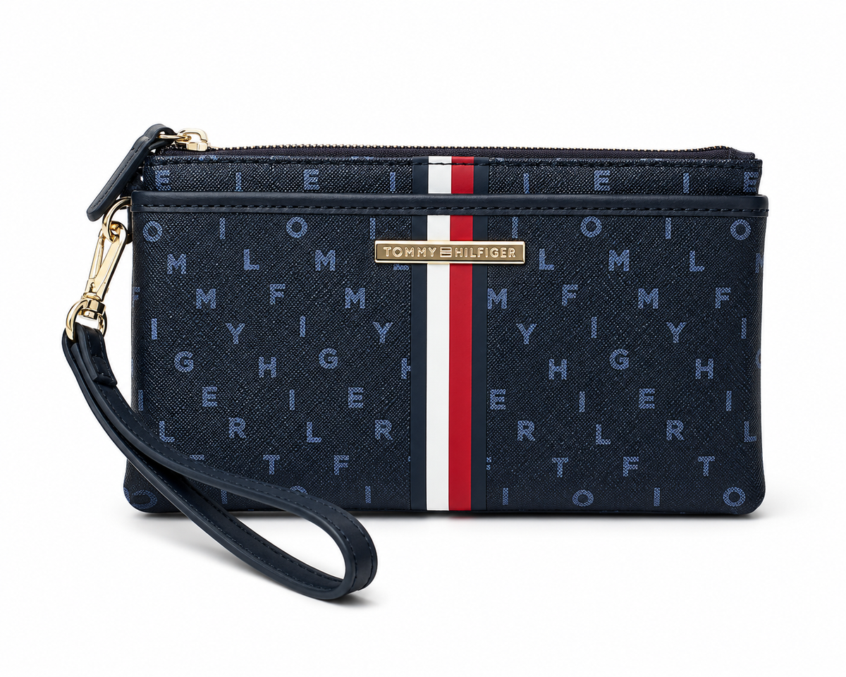 Cartera de mano Tommy Hilfiger azul marino con monograma