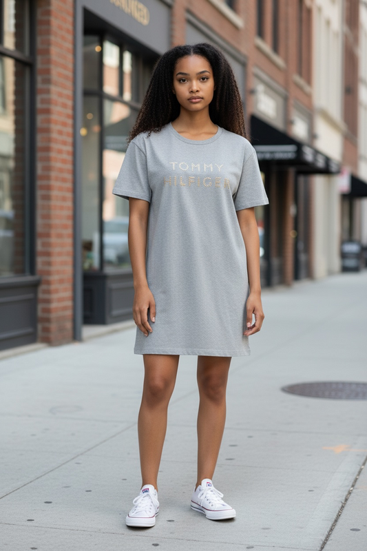 Vestido Tommy H gris con letras de brillos doradas
