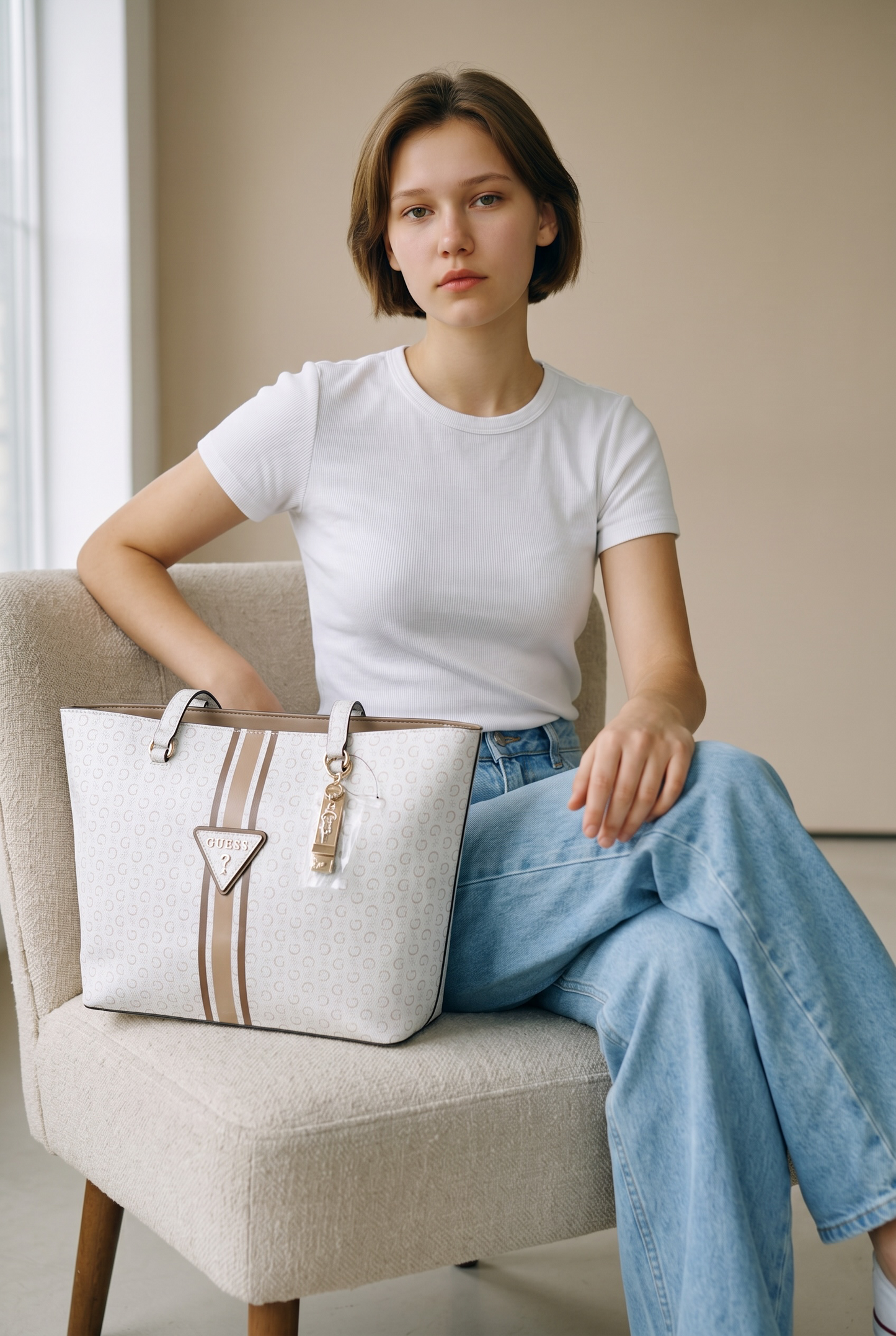 Tote Guess blanca monogram beige raya camel y Charm