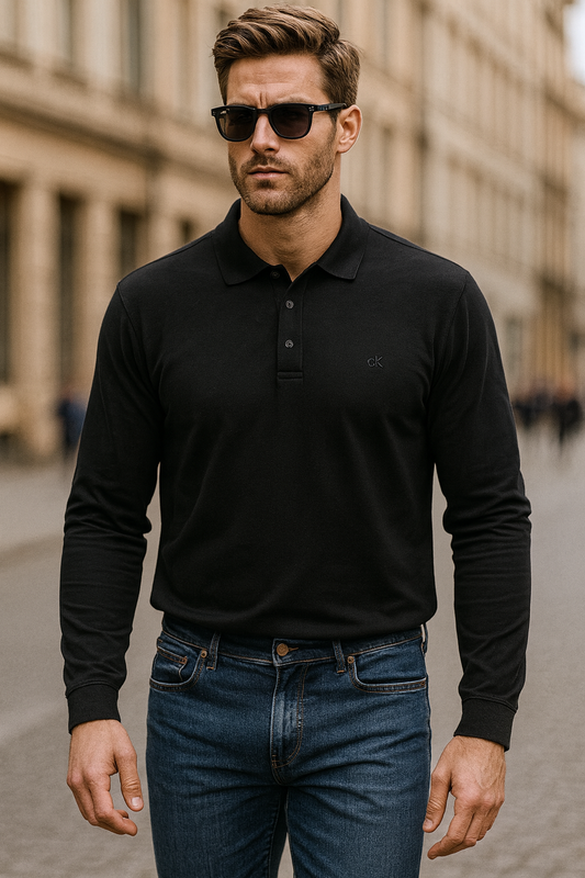 Playera tipo Polo Calvin K negra manga larga para caballero