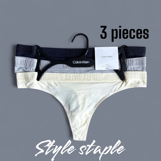 Tangas Calvin K amarillo, gris, azul marino con letras bordadas en resorte 3pzs