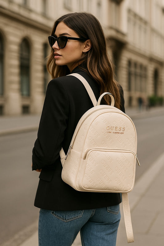 Backpack Guess beige con placa dorada