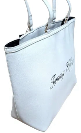 Tote Tommy H blanca logo en letras cursivas