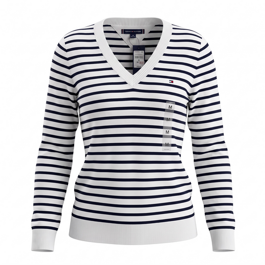 Suéter Tommy H blanco con rayas azules talla M