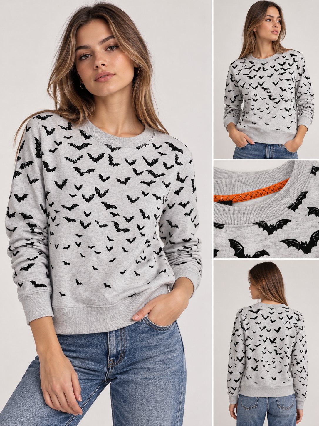 Sudadera gris con murciélagos para Halloween