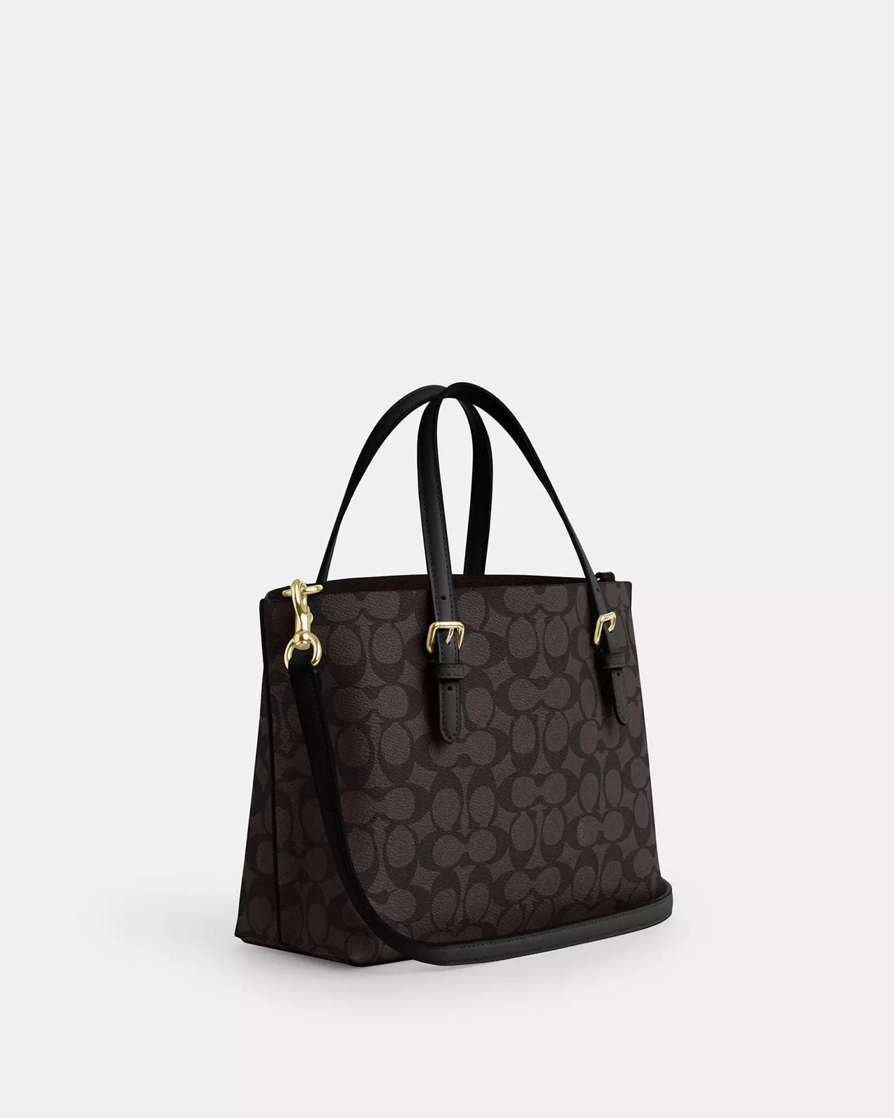 Mini Tote Coach chocolate con canvas en negro, doble strap y placa dorada
