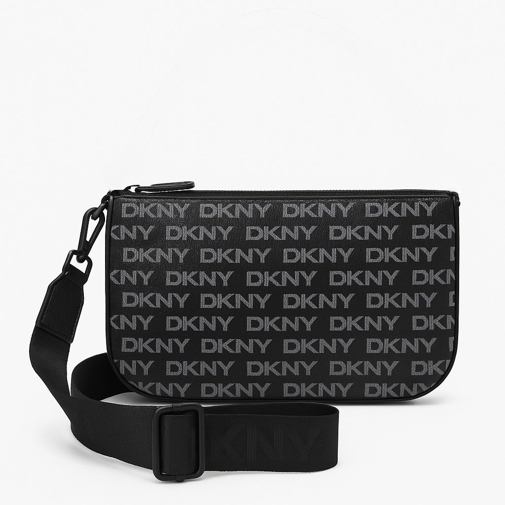 Crossbody DKNY negra con monogram gris