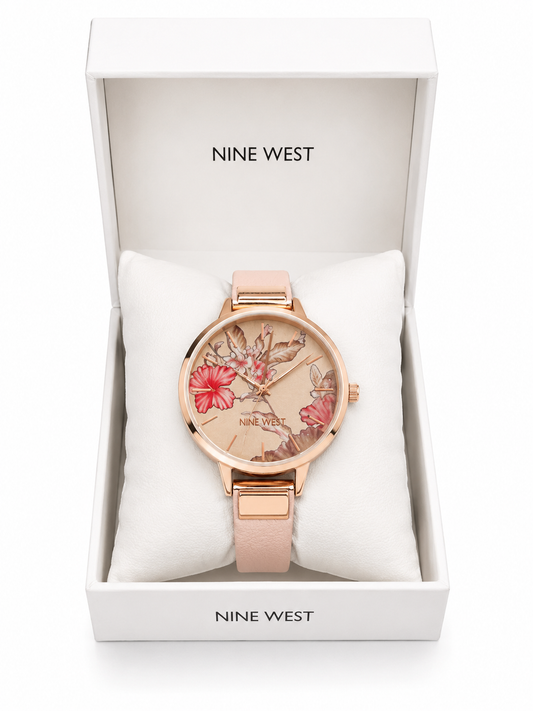 Reloj Nine West rosa con rose gold flores al interior