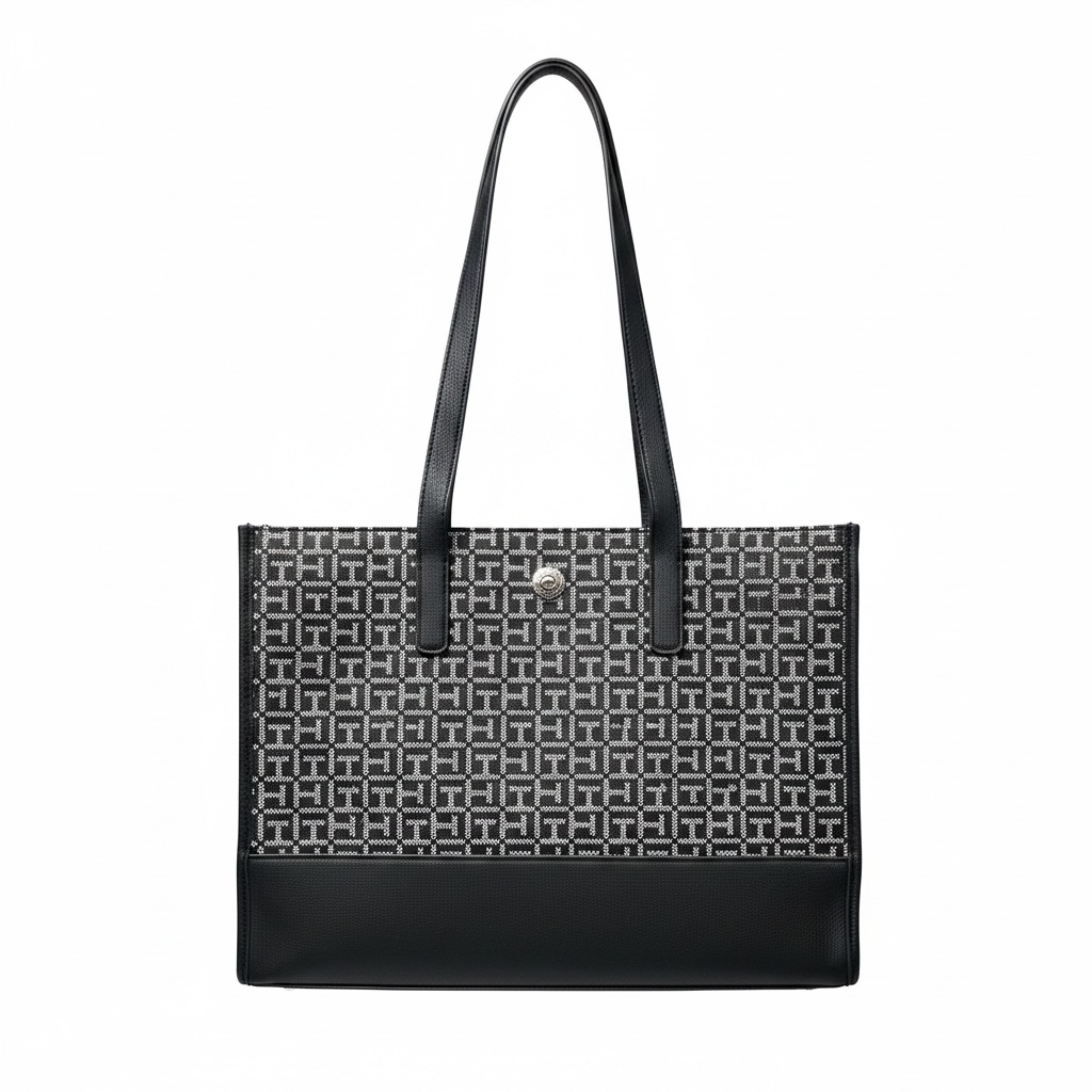 Tote Tommy H grande negra logo plata con monogram tela y tipo piel