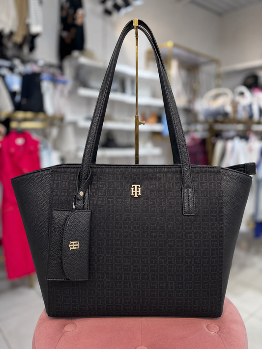 Tote Tommy H negra con monogram y monedero