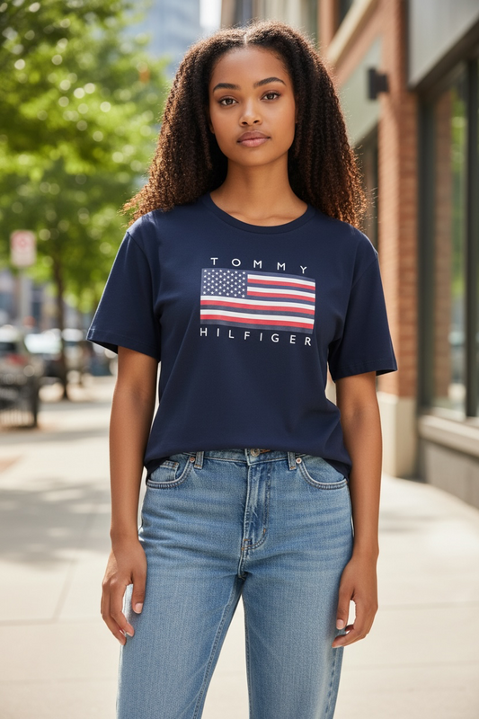 Playera Tommy H azul marino con bandera
