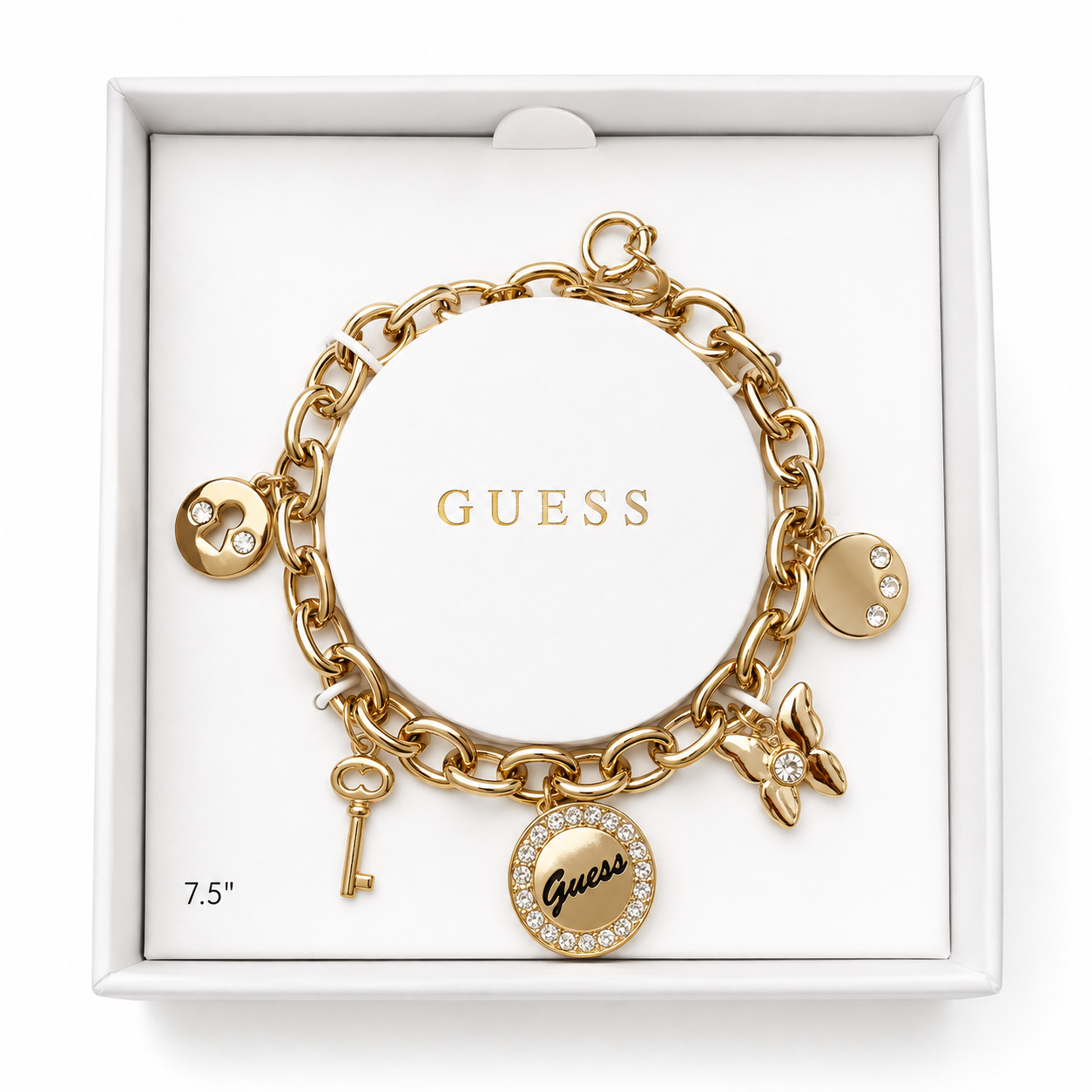 Pulsera Guess dorada charms llave, mariposa