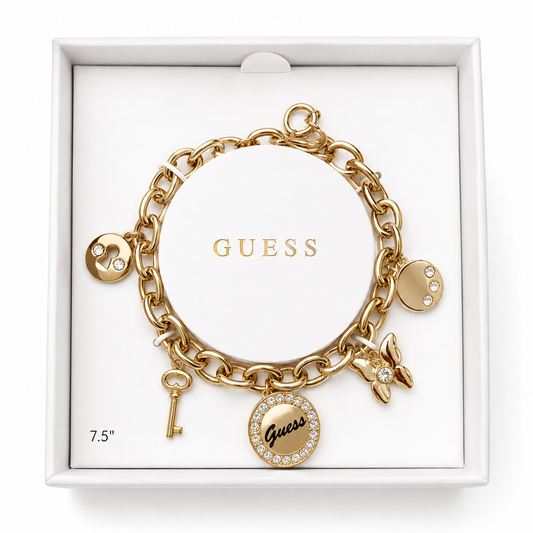 Pulsera Guess dorada charms llave, mariposa