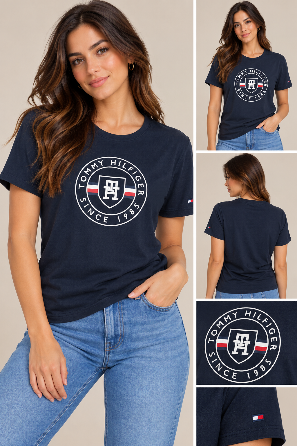 Playera Tommy H azul marino logo blanco
