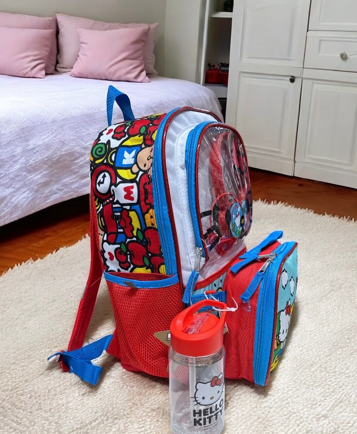 Backpack Hello Kitty blanca/roja, azul, vaso, audifonos, llavero y lonchera