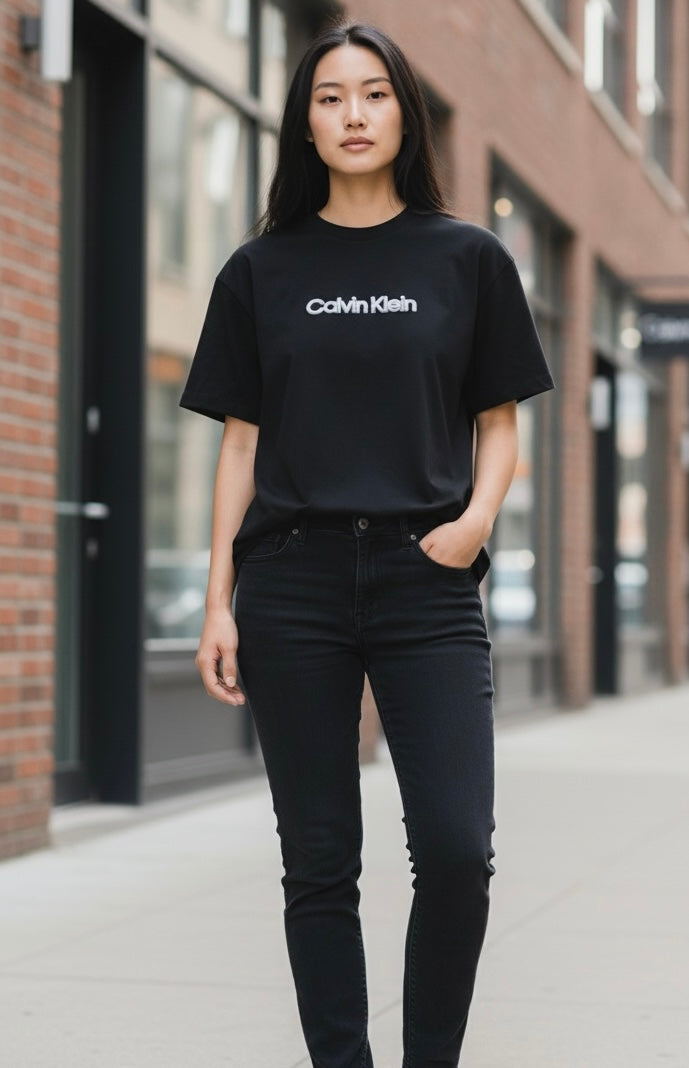 Playera Calvin k negra con letras blancas y brillos plateados