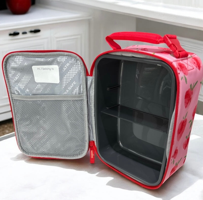 Lonchera Fulon Bag Co. Rosa/roja fresas térmica, forro duro con divisor