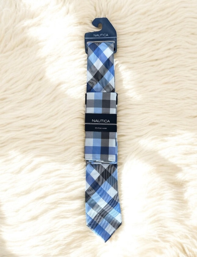 Corbata Náutica rombos azul, blanco, gris y pañuelo