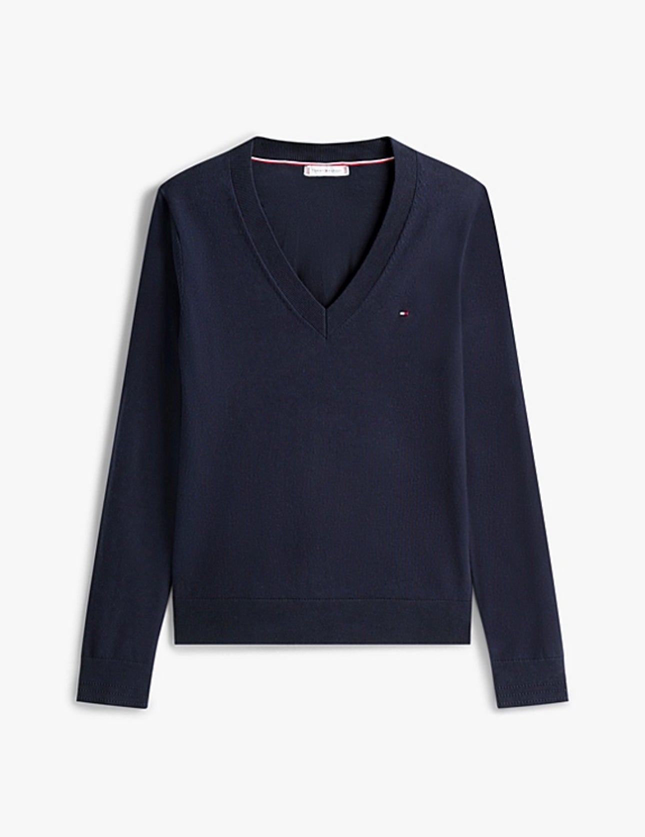 Suéter Tommy H azul marino cuello V, bandera pequeña
