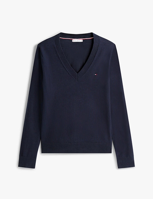 Suéter Tommy H azul marino cuello V, bandera pequeña