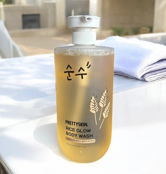 Gel de baño coreano PRETTYSKIN con estricto de arroz, limpia, hidrata y da brillo a la piel 1L