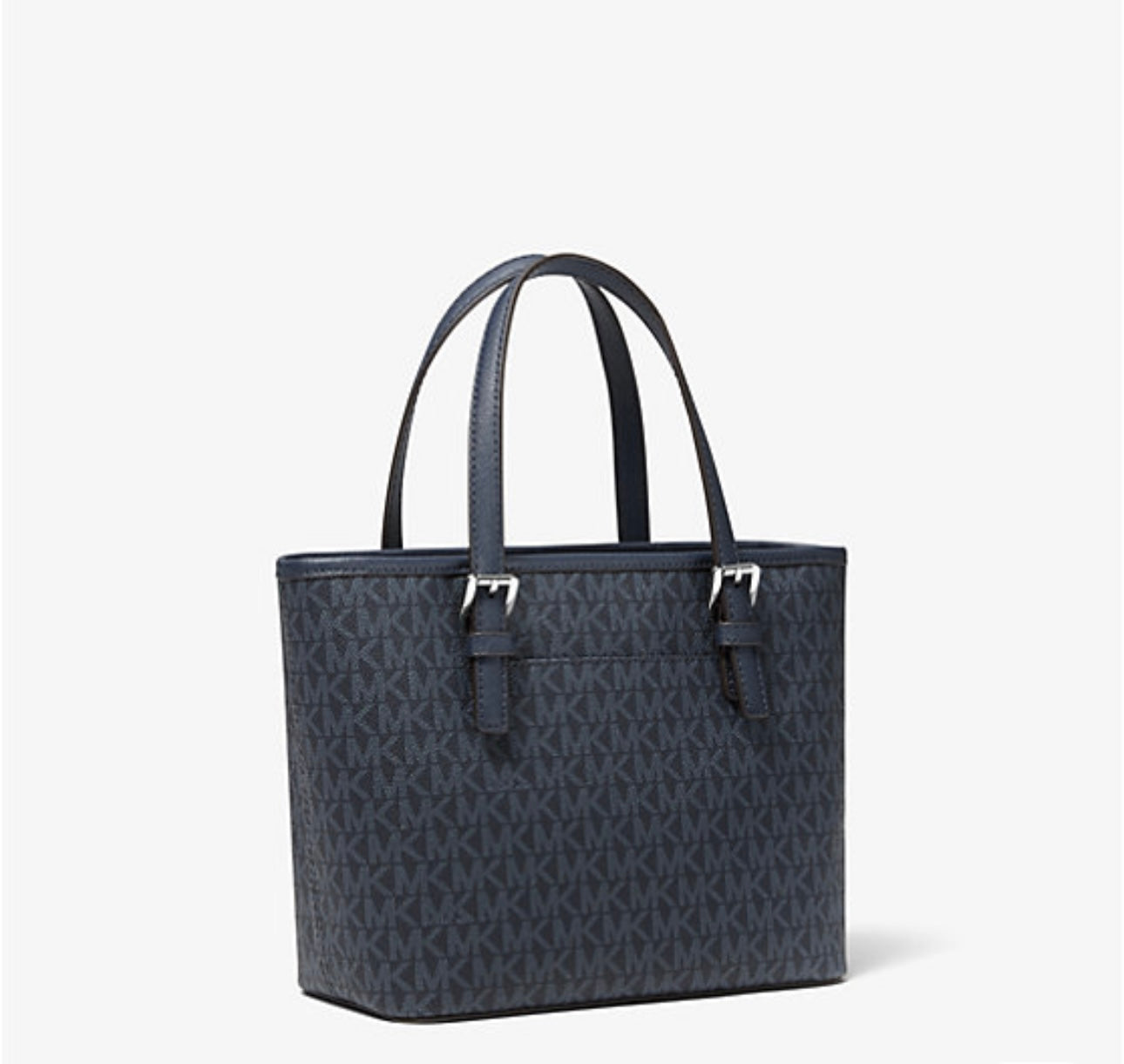 Mini Tote Michael K negra, monogram gris herrajes plateados
