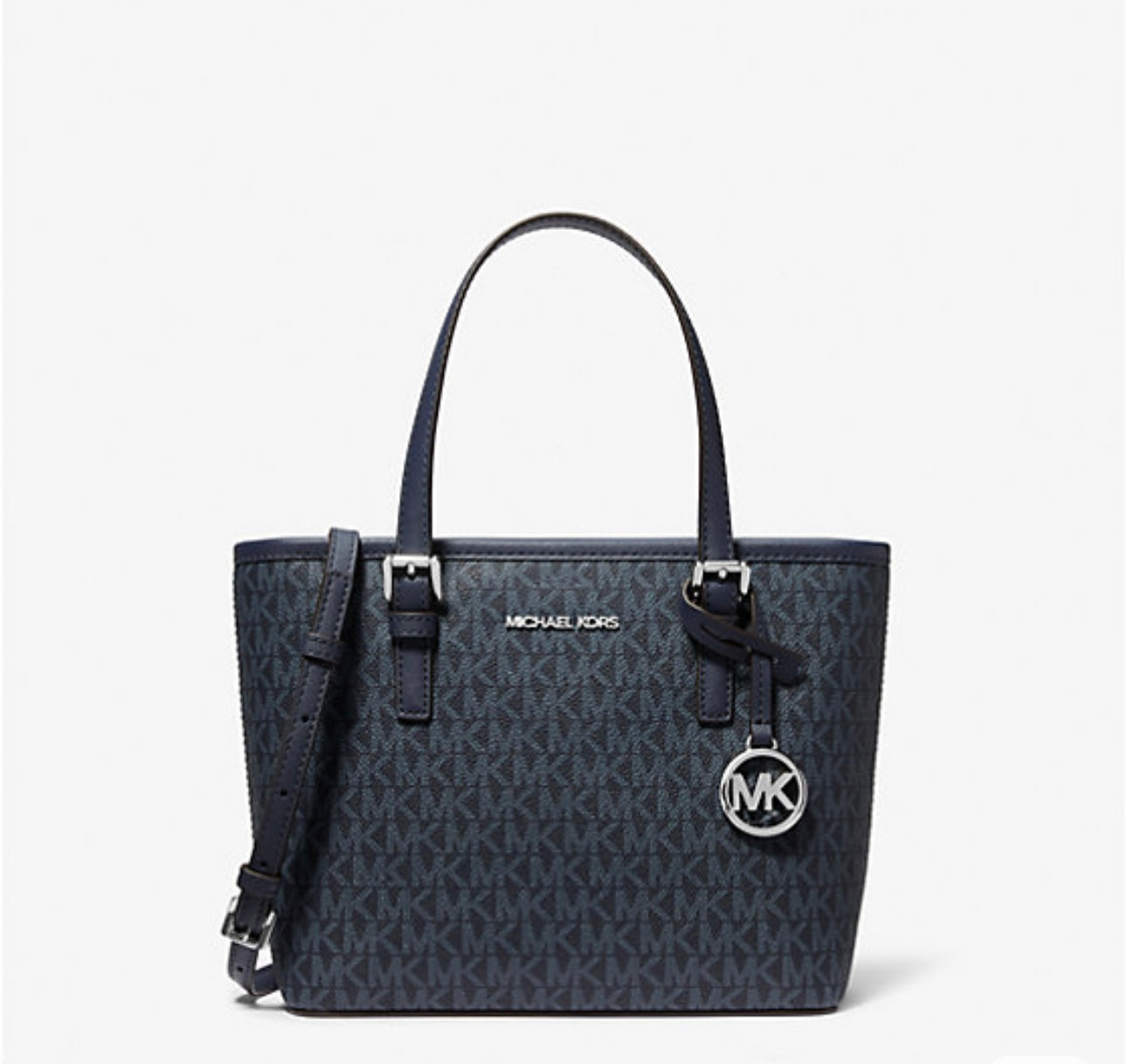 Mini Tote Michael K negra, monogram gris herrajes plateados