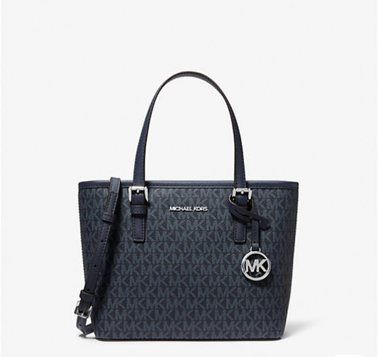 Mini Tote Michael K negra, monogram gris herrajes plateados