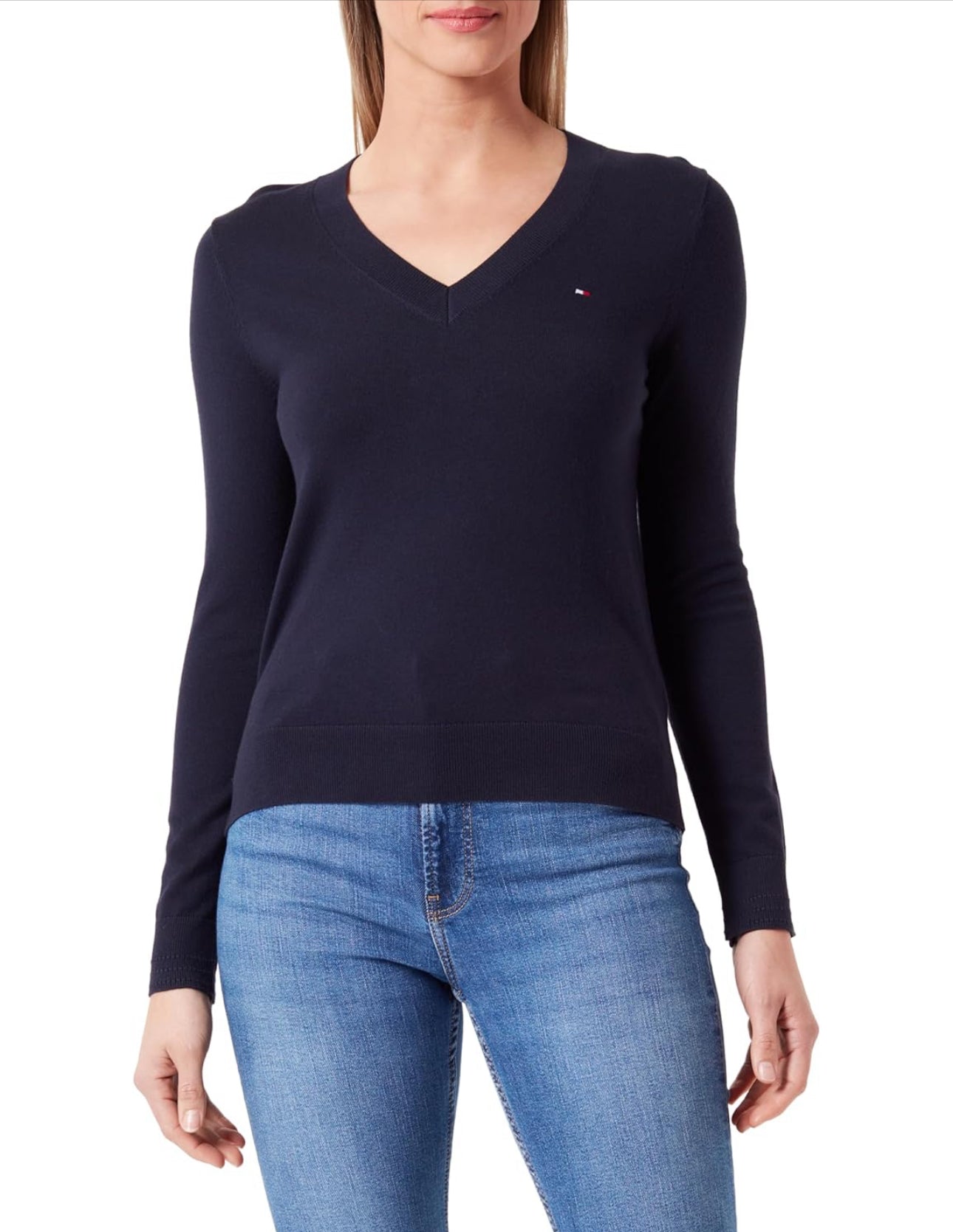 Suéter Tommy H azul marino cuello V, bandera pequeña