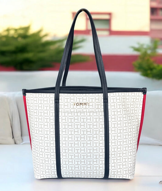 Tote Tommy H blanca con monogram beige y menea roja y azul marino