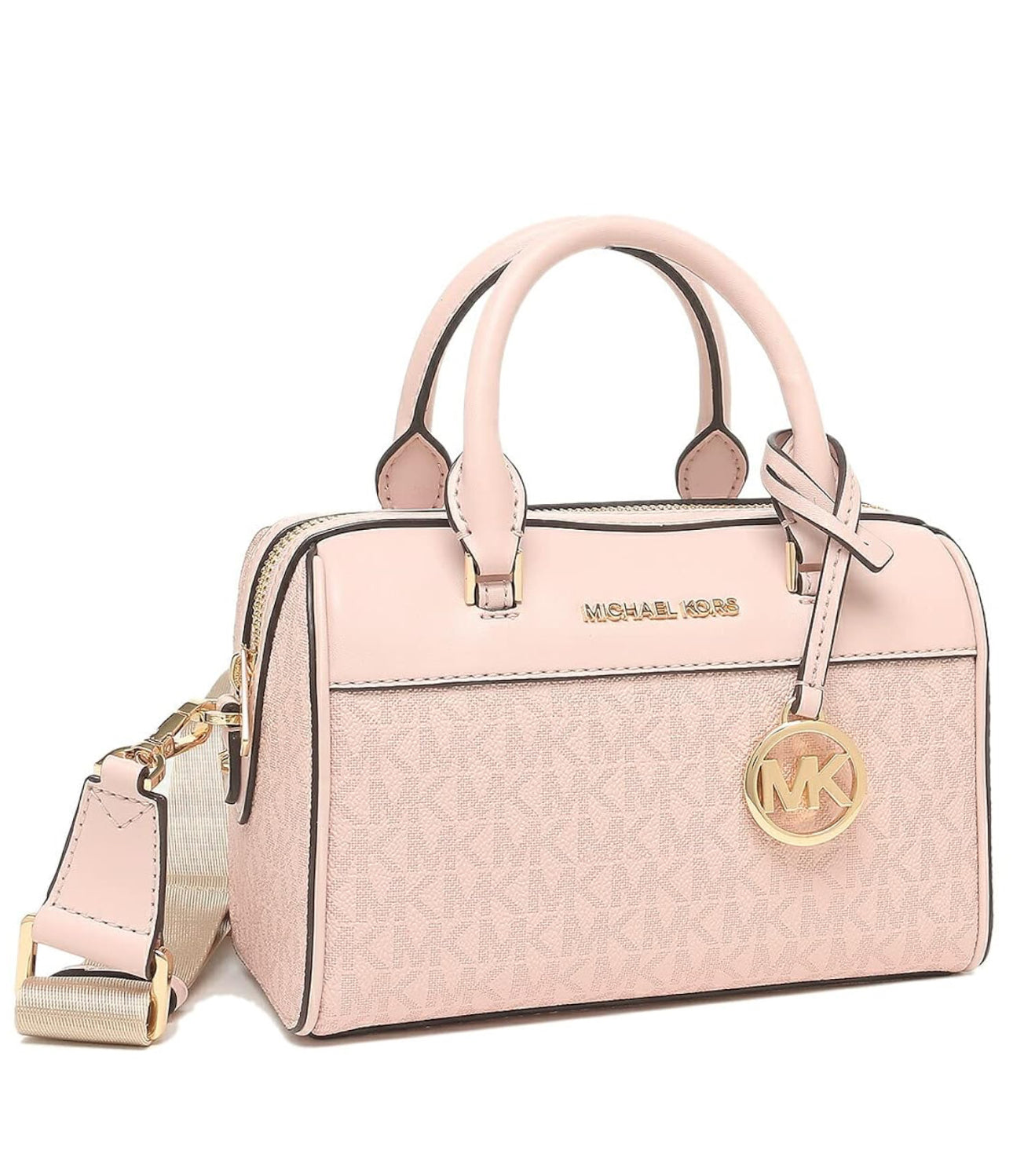 Crossbody Michael K Travel rosa con monogram y detalles dorados