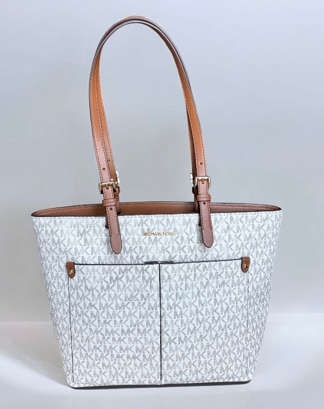 Tote Michael K crema/café con monogram, 2 compartimentos en frente y placa dorada