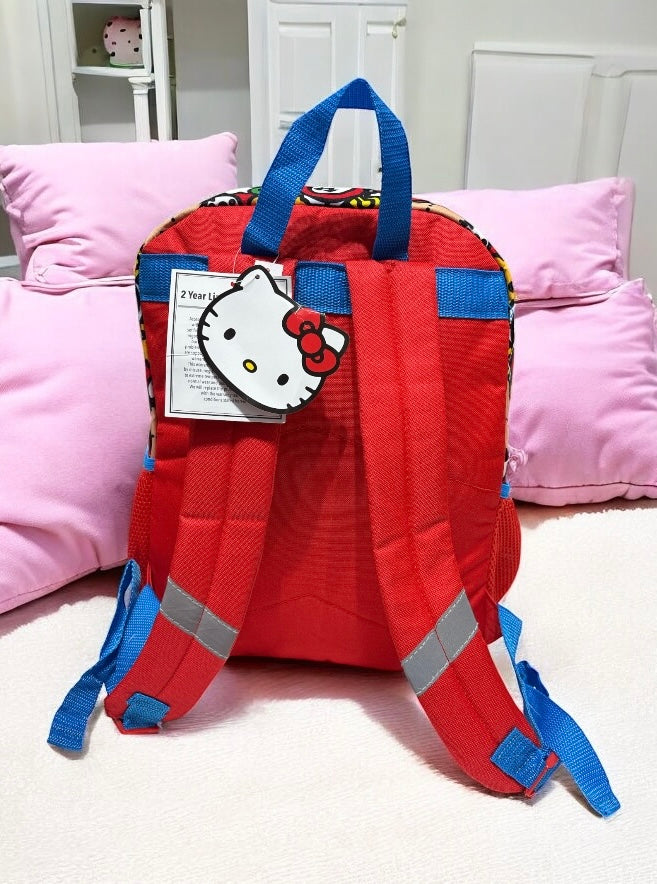 Backpack Hello Kitty blanca/roja, azul, vaso, audifonos, llavero y lonchera