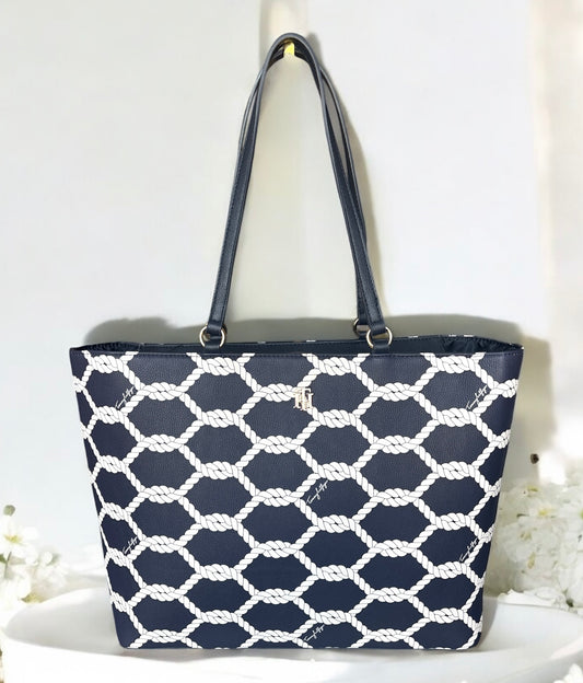 Tote Tommy H azul marino con monogram de cuerda
