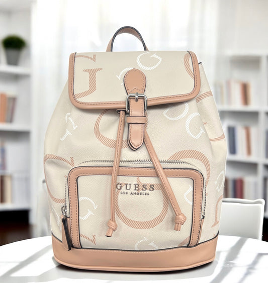 Backpack Guess nude con monogram blanco y camel